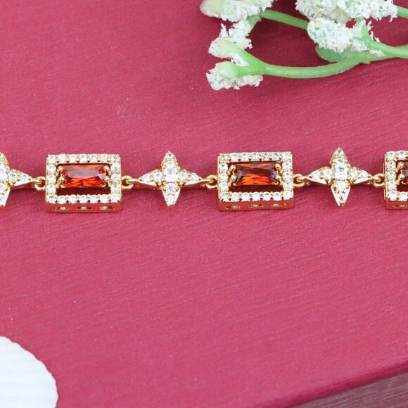 "Rose Gold Bracelet with Red Baguette Stones and Star CZ Links, XPBL0818 - Picture 10 of 12